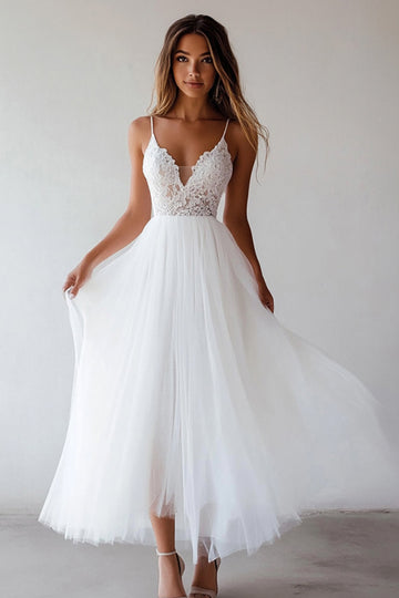 ZAPAKA Women Lace White Graduation Dress Tulle A Line Spaghetti Straps Tea Length Dress